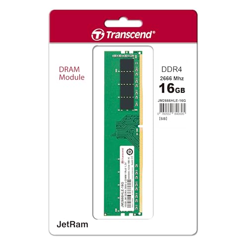Image of Transcend 16GB DDR4 2666 Desktop Memory, JetRam Memory, DRAM Chips up to 21GB /s - 288 pin, 1Rx8, CL19, DIMM Type - Unbuffered Long-DIMM - U-DIMM - JM2666HLE-16G
