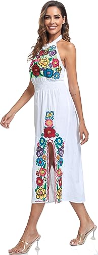 Image of Womens Mexican Floral Embroidered Halter Maxi Dress Side Slit Boho Dress