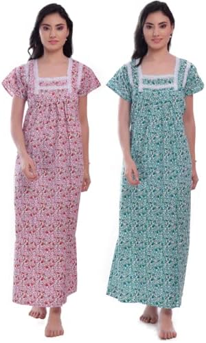 CIERGE Women's Cotton Lace Solid Color Nighty (Pack of 2)
