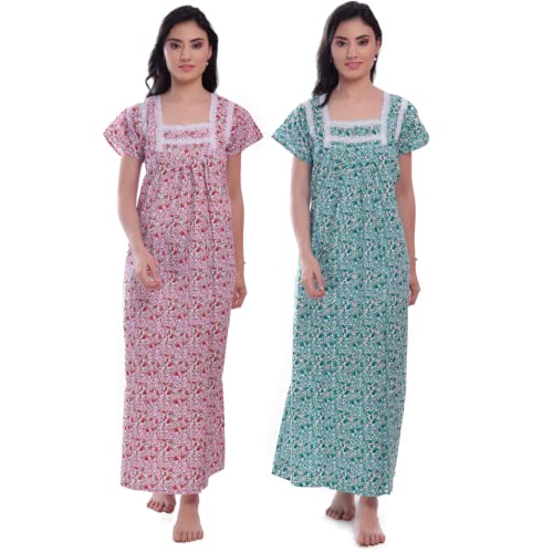 CIERGE Women's Cotton Lace Solid Color Nighty (Pack of 2)