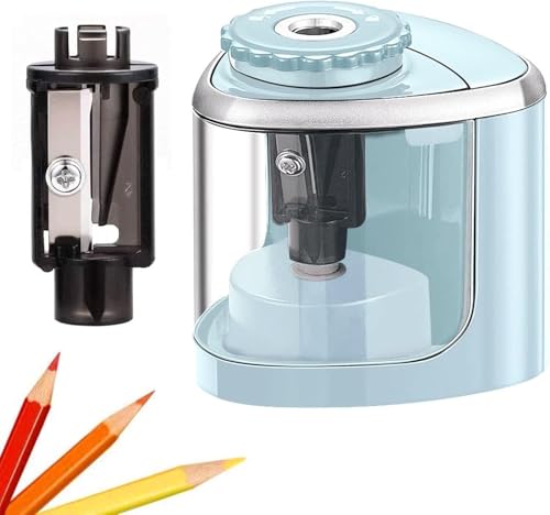 Image of Amazon Brand - Umi Electric Pencil Sharpener, Portable Battery-Powered Sharpener with Transparent Shavings Box, Fits 6-8mm Pencils, Dual Automatic & Manual Modes for School, Office, Home Use (Blue)