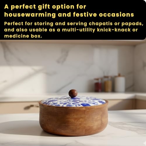Image of ExclusiveLane 'Indigo Baagh' Wooden Chapati Box for Kitchen with Lid (21.8 cm, Mango Wood, Hand-Enameled, Multicolor) | Hot Case for Roti Casserole for Roti Box Hot Pot for Roti Kitchen