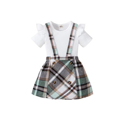 Image of AMMENGBEI Toddler Little Girl Summer Outfits Ribbed Knit Ruffle Tops and Plaid Suspender Skirt Set Kids 2Pcs Clothes