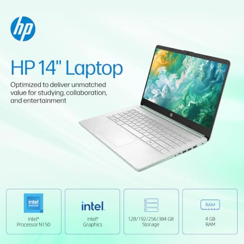 Image of HP 14 inch HD Student Business Laptop, Intel N150, 4GB RAM, 192GB Storage | (128GB UFS + 64GB SD Card), 1 Year Office 365, 720p Webcam, Slim Design, Copilot AI, WiFi 6, Win 11, Willow Green