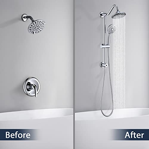 Uclimaa Rain Shower Head With Handheld, 5 Settings Rain Showerhead+6 Setting Handheld Shower Spray With 5Ft Stainless Steel Hose, 24" Drill-Free Slider Bar With Low 3-Way Diverter - Chrome #TOP4
