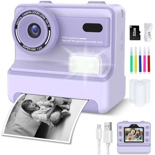 Camara Fotos Infantil Instantanea, 2.4'' 1080P Camara de Fotos Instantaneas con Tarjeta de 32G y Papel de Impresión, Zoom de 10x Cámara Instantánea con Bolígrafos de Colores para Niños de 3 a 14 Años