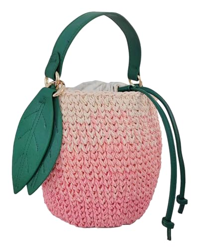 Obosoyo Cute Straw Bag 2025 Summer Beach Woven Handbag Crossbody Bag Gradient Peach Bucket Fruit Bag