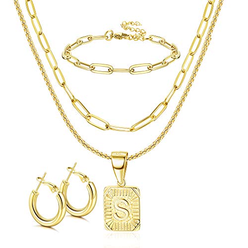 ORAZIO Initial Letter Pendant Necklace Mens Womens Thick 14K Gold Plated Hoop Earrings for Women Paperclip Chain Link Choker Necklace and Link Bracelet Set Chunky Gold Jewelry Set for Women(S)