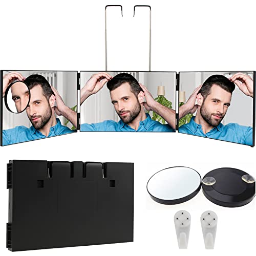 Feisate 3 Way Mirror for Hair Cutting 360 Barber Mirror Self Cut to See Back of Head Height Adjustable Black No LED