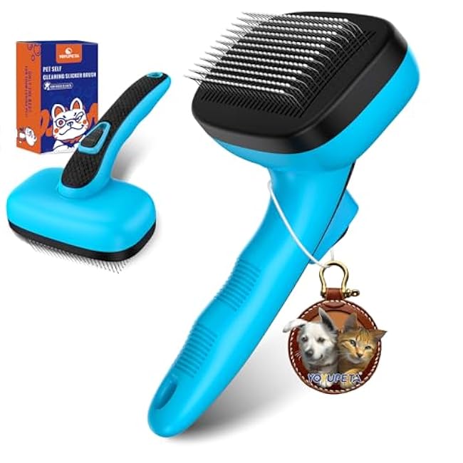 Dog Self Cleaning Slicker Brush for Shedding, Ideal for Short Long Haired Dogs, Including Cat. Removes Loose Fur, Undercoat, Mats, Tangled Hair. Suit for Large Medium Small Animal. Blue-hJyrnBah