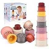 Sealilac 8 Piezas Apilando Juguetes de Taza, Juguetes de Baño Apilables para Bebés con Números y Patrones de Animales para Educación Temprana Montessori Regalos de Juguetes para Bebés (Multi Rosado)
