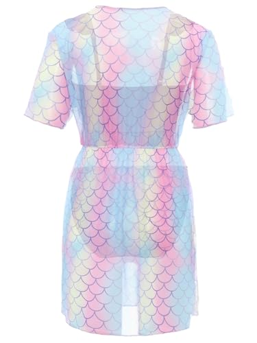 Kids Girls 3-Piece Fish Scales Print Bikini Swimsuit Ruffle Swim Top and Bottom with Summer Beach Dress Set4