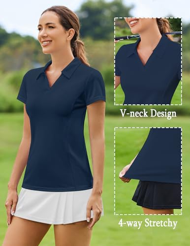 Image of PINSPARK Womens Golf Shirt Short Sleeve Polo V-Neck Quick Dry Tennis Tops | Moisture-wicking Breathable Fabric, Classic Collar, Slim Fit, Ideal for Golf Tennis Pickleball Casual