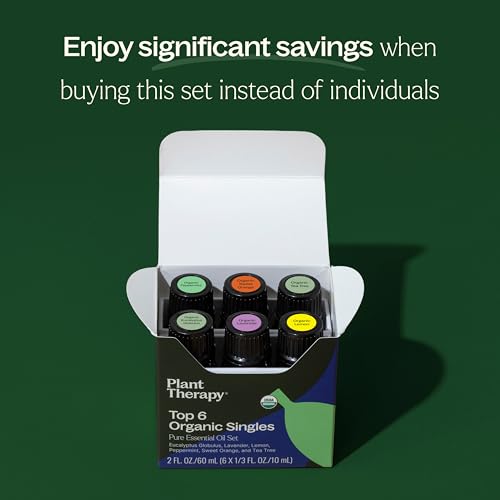 Plant Therapy Top 6 Organic Essential Oil Set - Lavender, Peppermint, Eucalyptus, Lemon, Tea Tree 100% Pure, USDA Organic, Natural Aromatherapy, Therapeutic Grade 10 mL (1/3 oz)