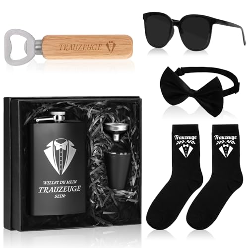 Świadek Pytania Man Willst Du Mein Trauzeuge Sein 8oz piersiówka otwieracz do butelek z drewnianym uchwytem, muszka, okulary przeciwsłoneczne, 2 kubki, lejek w czarnym pudełku prezentowym, stal