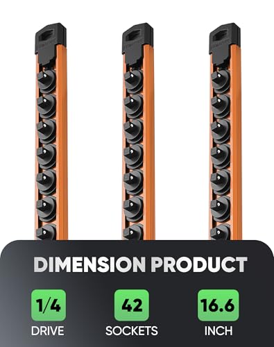 Image of ALOANES Magnetic Socket Organizer Set, 3-Piece Heavy Duty Aluminum Socket Rails, 360 Swivel Clips Socket Rail Kit for Tool Tray Drawer Fit 1 /4-Inch x 42 Clips (Orange, 3PC)