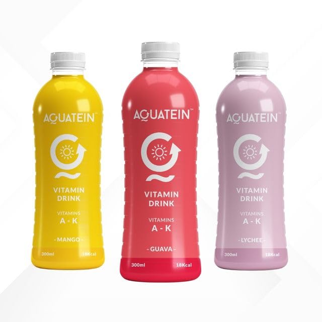 Aquatein Vitamin Drink – Tropical & Exotic Pack | Mango, Guava & Lychee | 300ml Nutrient-Rich Vitamin Beverage for Daily Hydration & Immunity Support | Zero Added Sugar | Wellness Drink (Pack of 12)