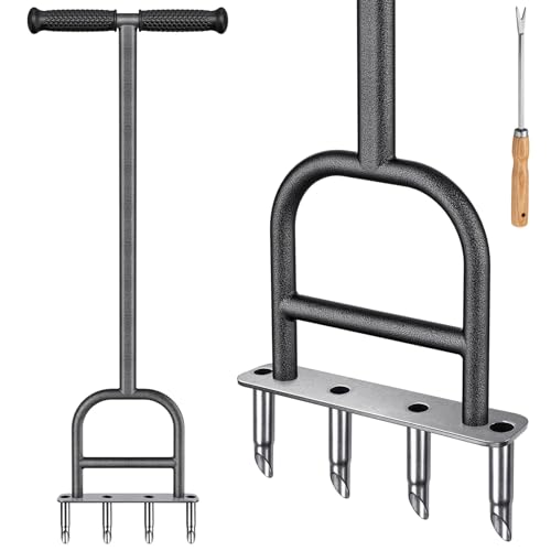 BeneLabel Rasenlüfter Aerifiziergabel, Rasen Belüfter Hohlzinken Manuell Gardena Rasenspecht Rasenlöcher Bodenbelüften Rasenpflege Werkzeug 4 Kerne mit Reinigungswerkzeug, 1-piece Stange