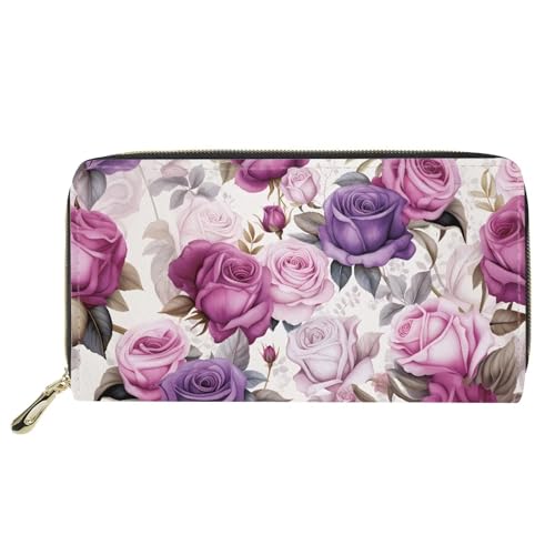Snilety Fashion Women Zip Around Long Wallet PU Phone Clutch Travel Card Holder Purse, Purple Rose Graphic, Large