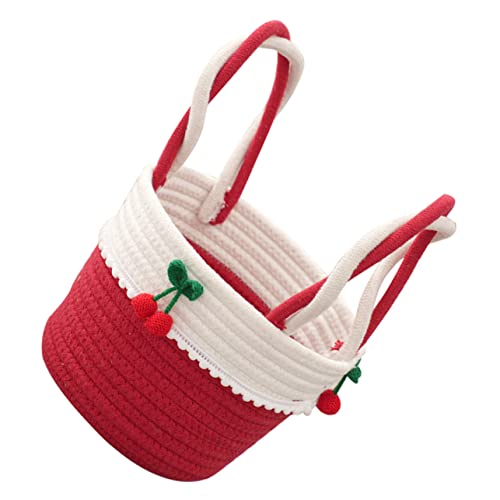 BRIGHTFUFU Cotton Rope Woven Storage Basket with Cherry Lace Trim Versatile Tote for Home Organization Stylish Sundry Basket for Magazines and More Handheld Design