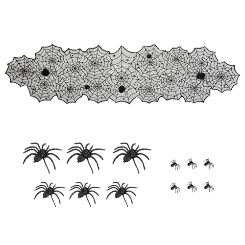 Halloween Tischdeko Tischdecke Spinnen Tischläufer Spinnennetz mit Spitze Schwarz Halloween Tischdecke für Halloween Dekorationen Spukhaus Party (183×45cm)