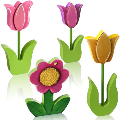 4 Pcs Spring Tulips Wood Signs Rustic Tulip Flowers Table Decoration Spring Tulip Table Centerpiece Tiered Tray Decor Multicolor Tulips Floral Block Tabletop Signs for Farmhouse Home Decor