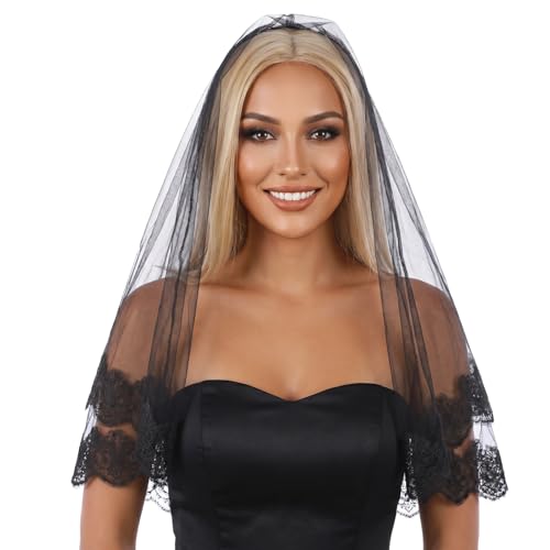Bremorou Black Veil Elegant Gothic Bridal Veil With Lace Edge 1 Tier Fingertip Length Perfect For Brides Women Weddings And Special Occasions