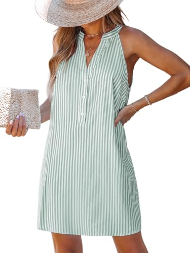 Image of CUPSHE Womens Summer Dresses V Neck Sleeveless Striped Button Up Mini Casual Coverup Dress