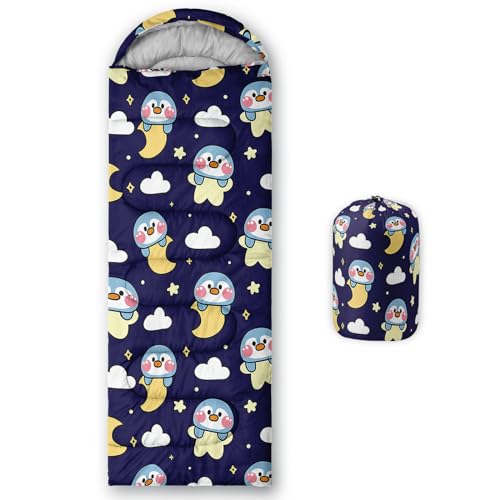 Axolotl Penguin Star Sleeping Bag,3 Season Warm and Cool Weather Moon Cloud Sleeping Bag for Boys Girls Teens,Waterproof Lightweight Lovely Animal Sleeping Bag for Traveling,Outdoors Camping,Navy Blue