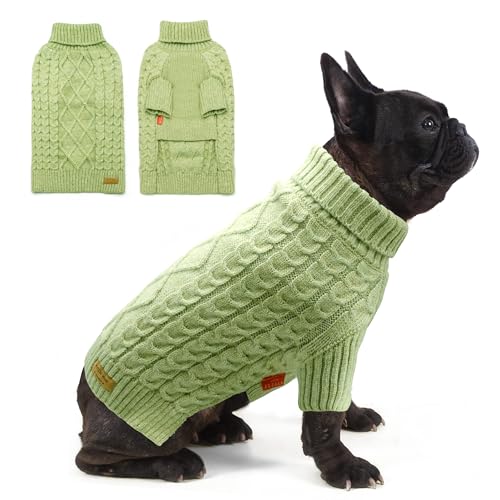 KYEESE-Dog-Sweater-Warm-Dog-Coats-with-Classic-Cable-Knit-Long-Sleeve-Dog-Knitwear-Dog-Clothes-with-Fine-Gold-Yarn-Turtleneck-Small-Dog-Sweater-for-Cold-Weather-Green-Small