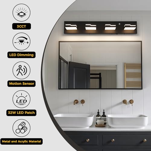 Image of 4-Light LED Bathroom Vanity Light, 25.5-Inch Matte Black | Vanity Light Fixture with Wireless Motion Sensor, 3CCT Dimmable Lighting Over Mirror, Adjustable Acrylic Heads