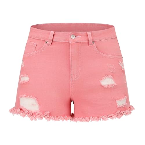 Image of THUNDER STAR Women Mid Rise Ripped Stretchy Jeans Shorts Frayed Raw Hem Casual Denim Shorts