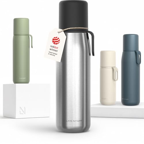 Image of LARS NYSOM Stainless Steel Thermo Water Bottle - Double Wall Insulated Water Bottle with Cup & Carry Strap, Leakproof Metal Bottle for Travel, Office & Outdoor (Stainless Steel, 34oz)