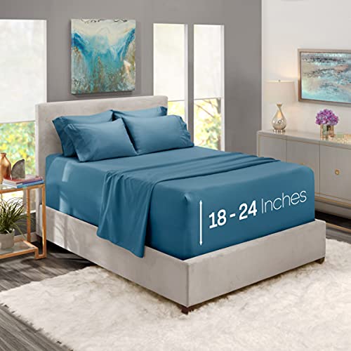 Nestl Extra Deep Pocket Sheets King â€“ Blue Haven Deep King Fitted Sheet Set - Super Deep Sheets fits 18 Inch to 24 Inches Mattress - Hotel Deep Bed Sheets - 6 PC Deep Pocket Kings Bed Sheet Set