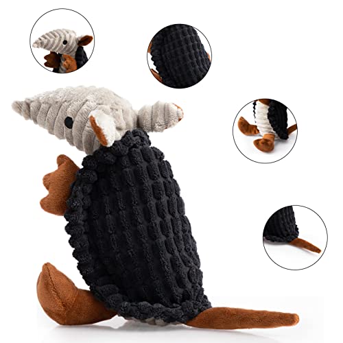 Image of Hollypet Plush Dog Squeaky Toy Stuffed Armadillo Animal Pet Puppy Chew Toys with Clean Teeth for Small Medium Large All Breed Sizes Dogs, Black, 8 in