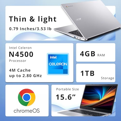 Image of acer Chromebook 315 15.6 inch FHD Laptop, 4GB LPDDR4 RAM, 1TB Storage(64GB eMMC & 1TB Docking Station Set), Intel Celeron N4500, Intel UHD Graphics, Numeric Keypad, HD Webcam, Silver, Chrome OS