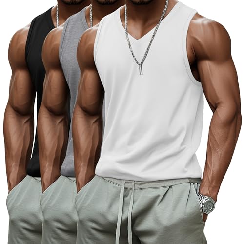 Ficerd 3 Pack Men's Big and Tall Workout Tank Tops, Cotton V Neck Sleeveless Gym Muscle T-Shirts Athletic Tee Summer Vest Top