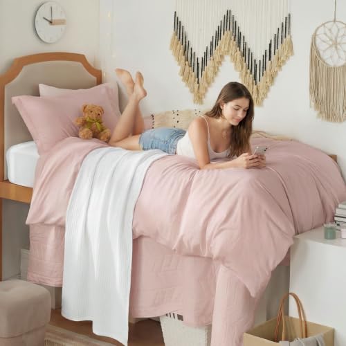 Image of Bedsure Prewashed Twin Duvet Cover, Cotton-Like Bedding Set, Rose Pink | Ultra Soft, Relaxed Texture, Twin XL Breathable Comfort, Hidden Zipper, 8 Corner Ties, Easy Care, OEKO-TEX, Year-Round Use