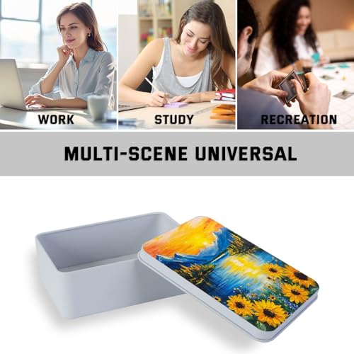Image of Metal Tin Box with Lid,Multi-functional Storage Box Can Store Tea Biscuits Game Cards, Playing & Tarot Cards-Comes with 4 Magnetic Cord Clips,Sunset Mountain Lake