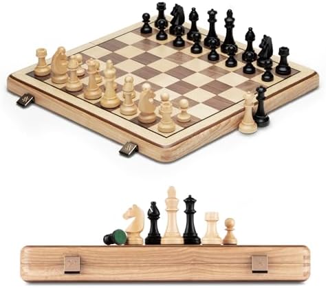 A&A 15 inch Wooden Folding Chess Set w/ 3 inch King Height Staunton Chess Pieces / 2 Extra Queens - Natural European Ash Wood w/Storage Bag