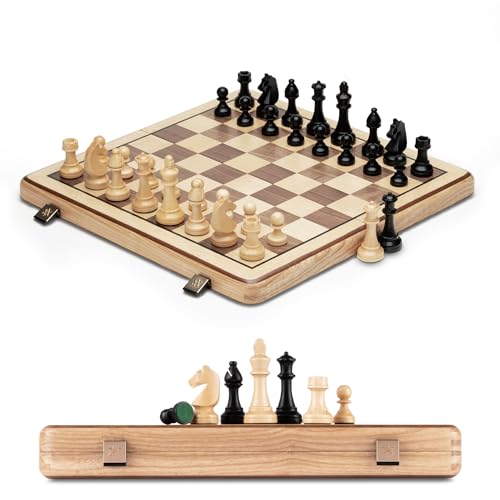 A&A 15 inch Wooden Folding Chess Set w/ 3 inch King Height Staunton Chess Pieces / 2 Extra Queens - Natural European Ash Wood w/Storage Bag