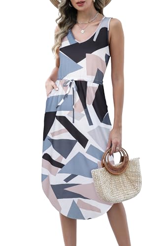 Image of Hount Womens V Neck Sleeveless Casual T Shirt Dress Summer Midi Dress with Pockets