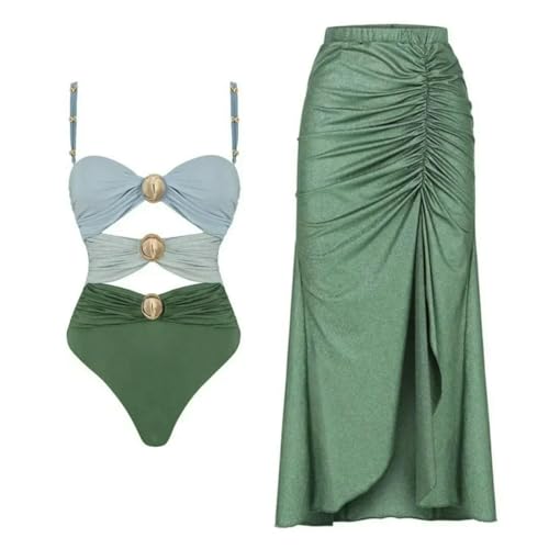 XYNM bañador Traje De Baño Bikini Una Pieza para Mujer, Deportivo con Bloques Color Sólido-Traje Costura Verde-XL