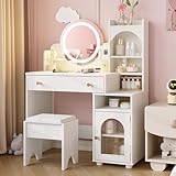 Vabches Kids Vanity Table and Chair Set, Toddler Dressing Table for 5-12 Year Old Little Girls, 2 in 1 Princess Makeup Vanity with Mirror & Lights, Wooden Pretend Play Vanity Desk, White