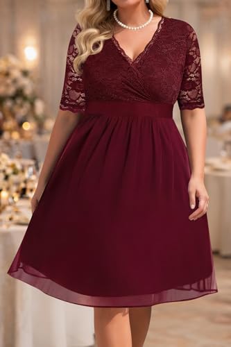 Image of Pinup Fashion Plus Size Lace Chiffon Wrap V Neck Dresses Women Cocktail Wedding Guest Midi Dress