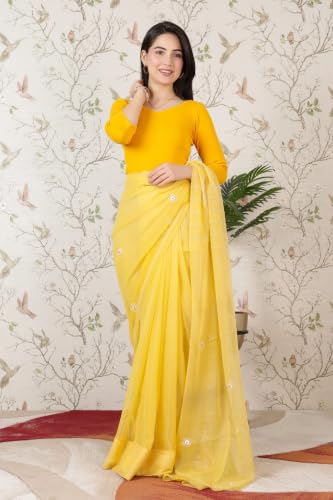 Image of Mlada V-Neck Stretchable Saree Blouse Top for Women | Slim Fit 3 /4th Sleeves Solid Cotton Blouses | Readymade Saree Blouses for Women Festive & Ethnic | Blouse Crop Top