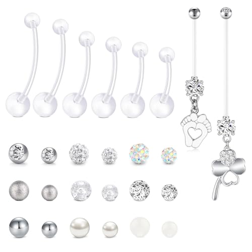 CIZME Bauchnabelpiercing Schwangerschaft 14G UV Bioflex 8 Längen(12-38mm) Schwangerschaftspiercing Bauchnabel Flexibles Nabelpiercing für Schwangere mit 18 Ersatzkugeln Hypoallergen
