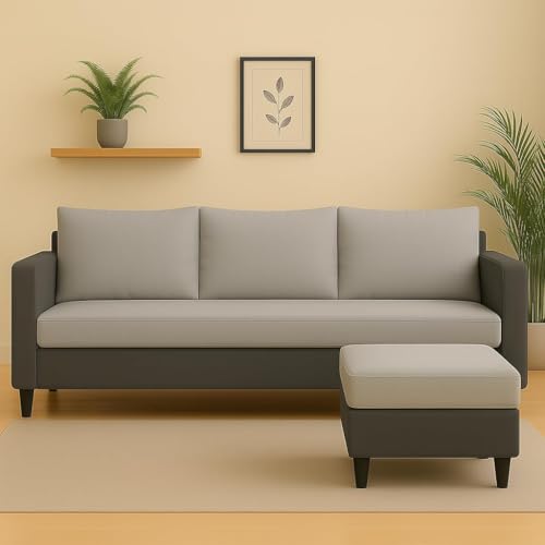 Image of FURNY Canvas Fabric 4 Seater Convertiable L Shape Sofa Set 3 Seater Modern Sofa Set & Ottoman for Living Room (Light Grey-Dark Grey) with Velvet Fabric | Durable Comfort | Modern De