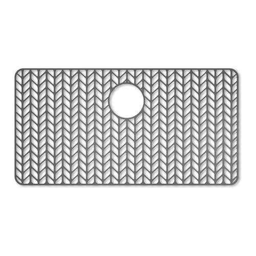 AWOKE Large Silicone Sink Protectors for Kitchen Sink 30 x 16 Rear Drain Hole Sink Mat for Bottom of Farmhouse Kitchen Stainless Steel Sinks Raised Feet/Heat Resistant/Non-slip (Gray)
