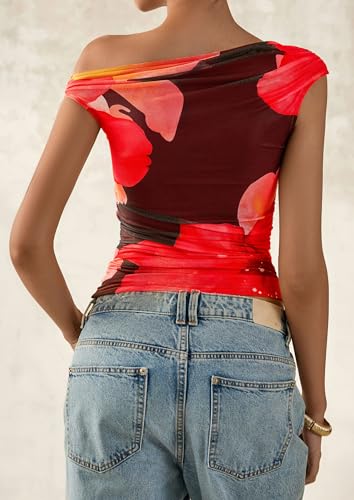 PRETTYGARDEN Women's Off Shoulder Tops 2025 Summer Floral Mesh Going Out Crop Tank Tops Asymmetrical Tight Y2K Shirts Clothes